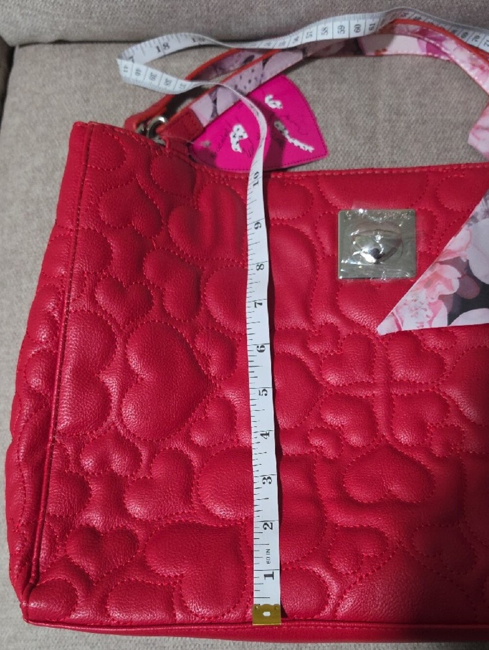 Betsey Johnson Red Quilted Heart-Pattern Shoulder Bag with Floral Scarf Accent - Picture 3 of 7